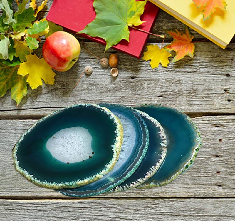JIC Gem Dyed Teal 3-3.5" Agate Coaster Sliced Small Natural Agate Coaster for Drinks Cup Mat with Rubber Bumper Set of 4 Home Decor - Image 4